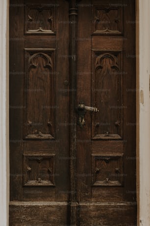 a close up of a wooden door with a clock on it