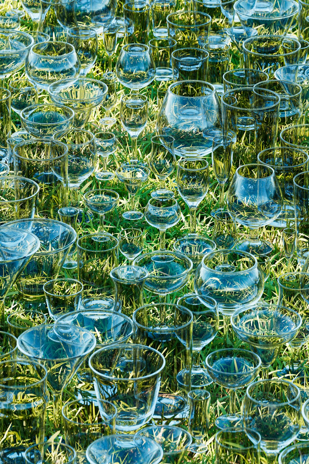 a field of glass bowls sitting on top of a lush green field