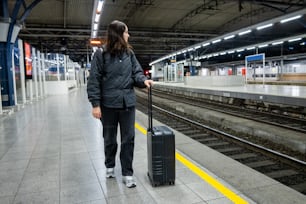Une femme avec une valise attend dans une gare
