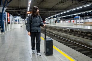 a woman with a suitcase waiting at a train station