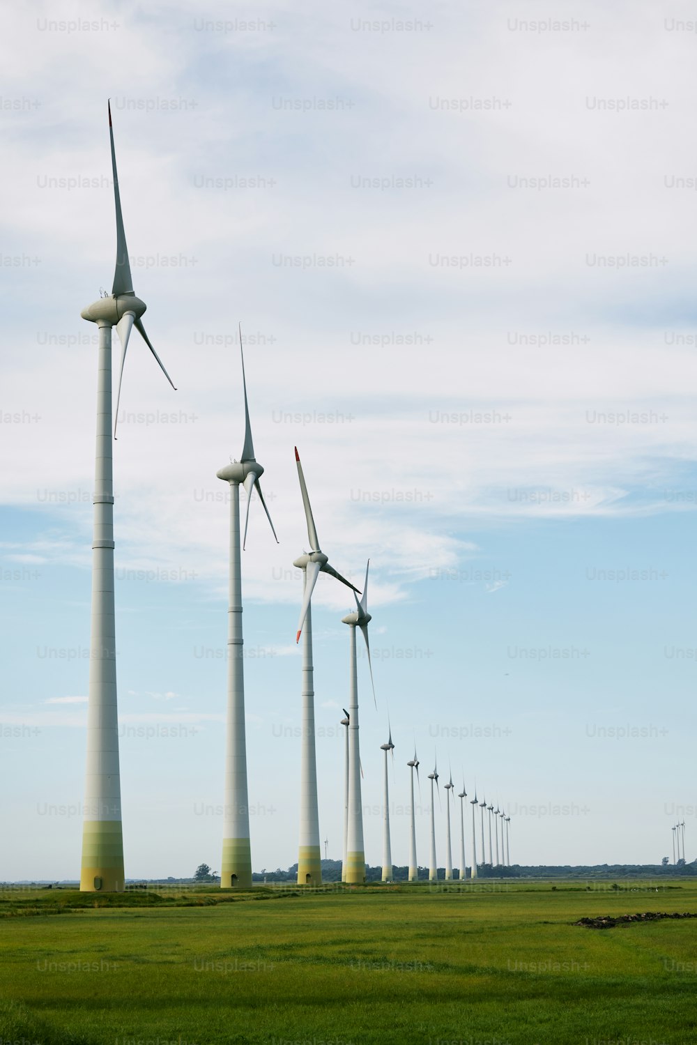 Una fila di turbine eoliche in un campo verde