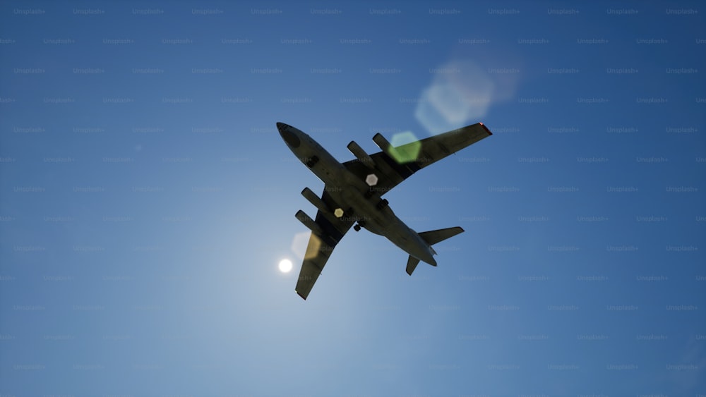 a large jet flying through a blue sky
