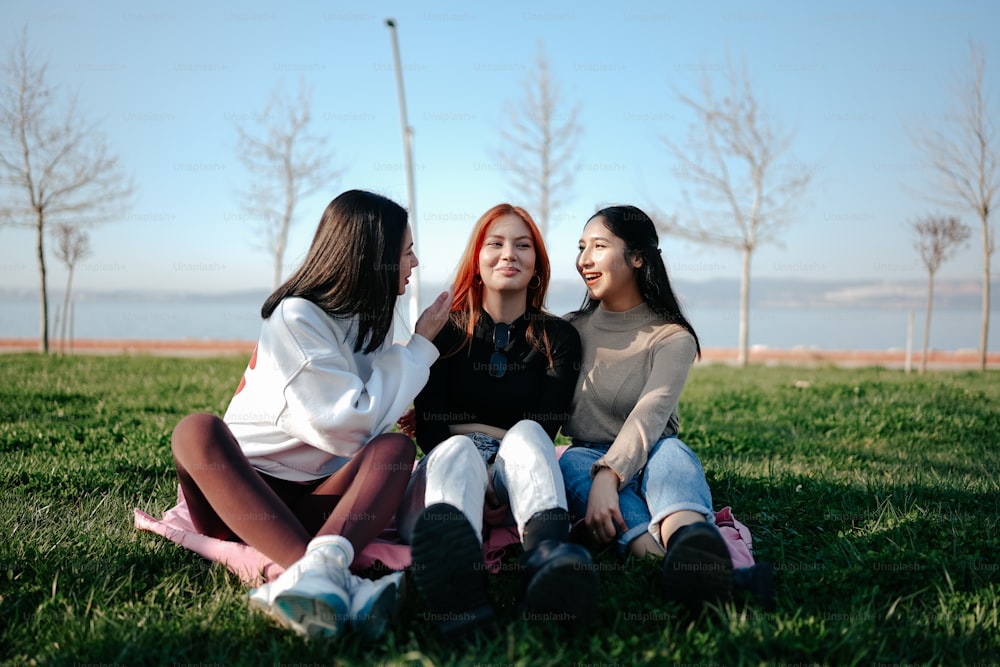 three women sitting on the grass talking to each other