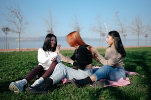 a group of three women sitting on top of a lush green field