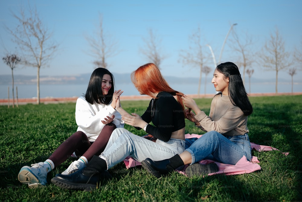 Eine Gruppe von drei Frauen sitzt auf einer saftig grünen Wiese
