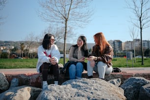 three women sitting on a rock talking to each other
