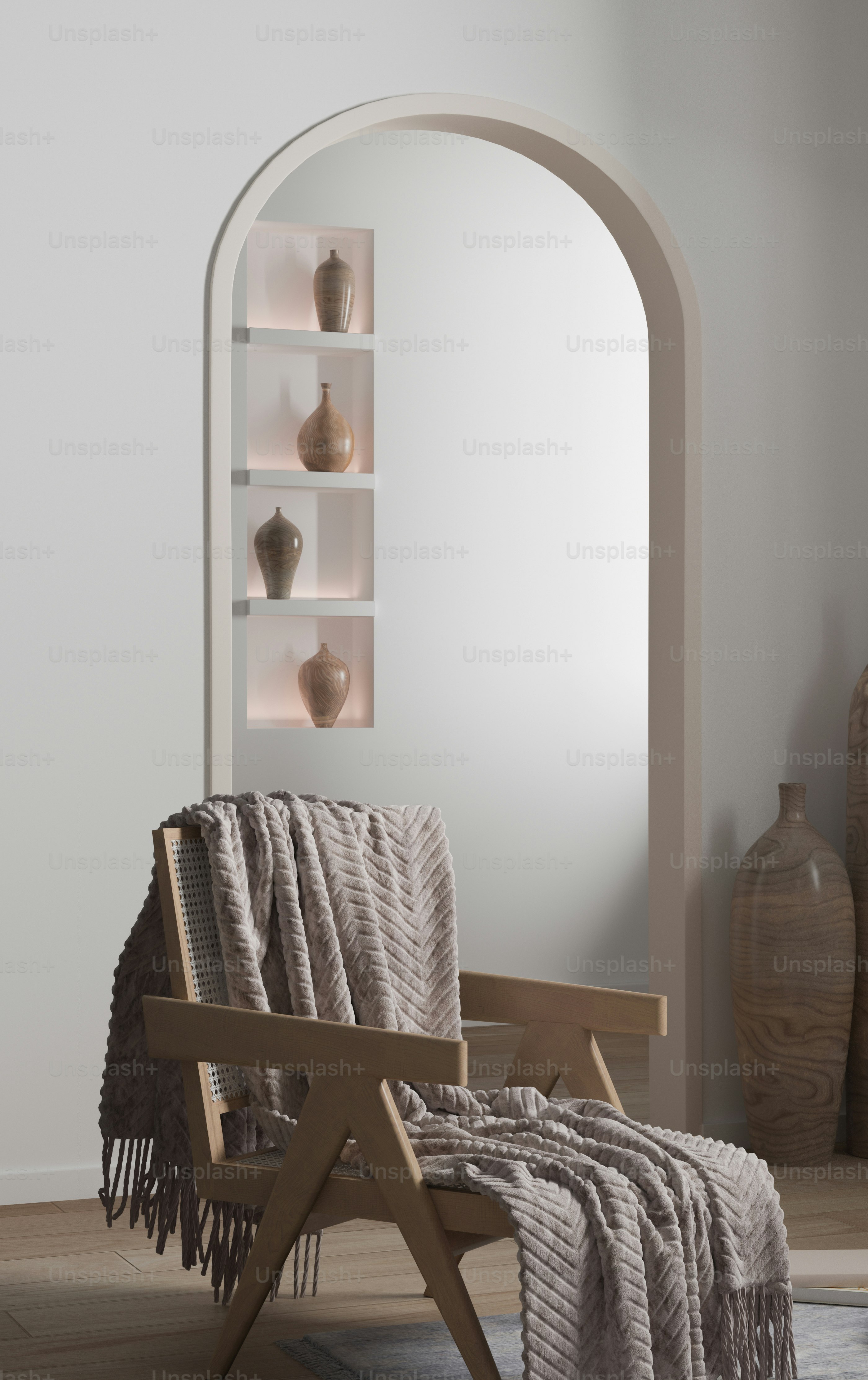 a chair with a blanket on it in a room