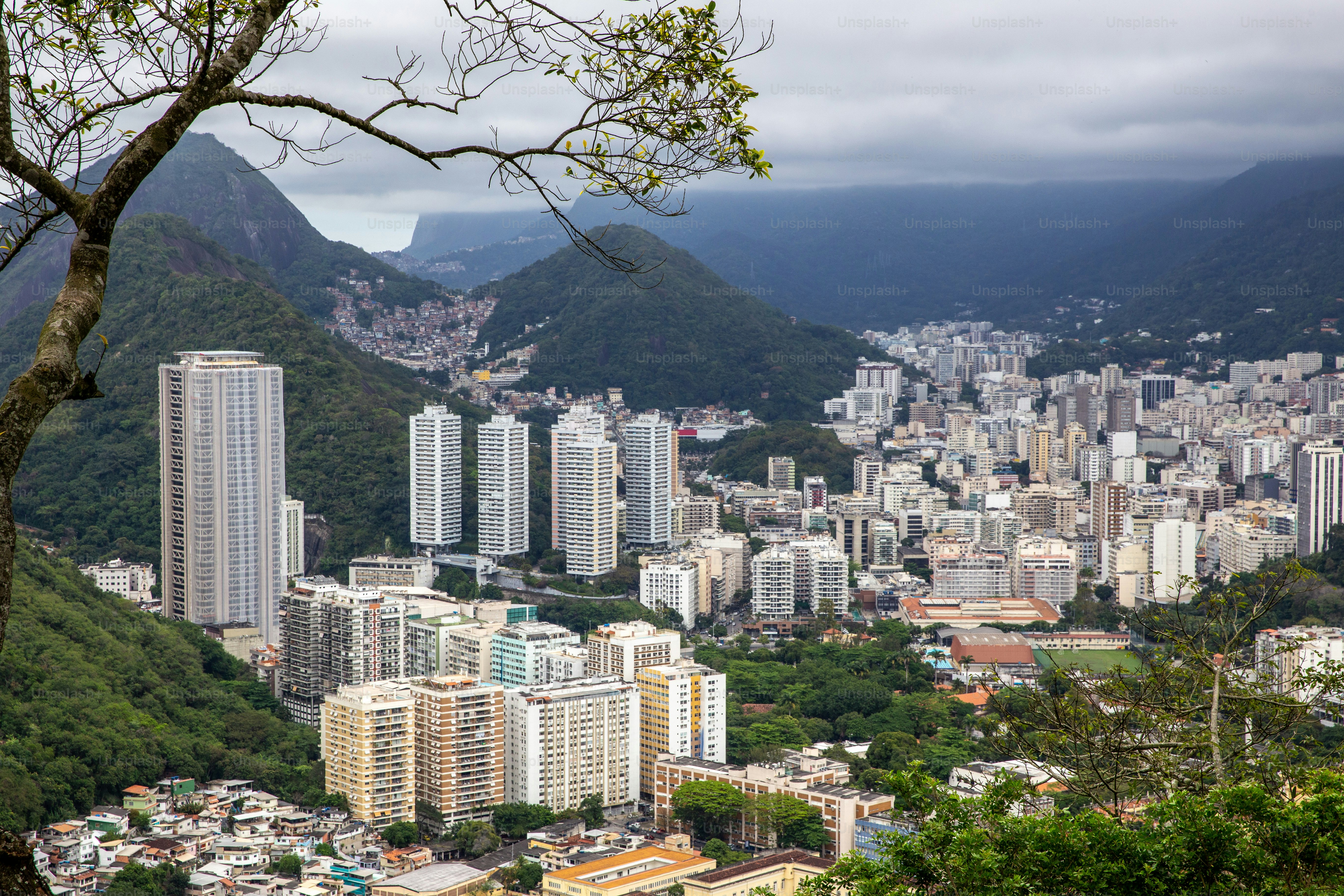 a view of a city with mountains in the background