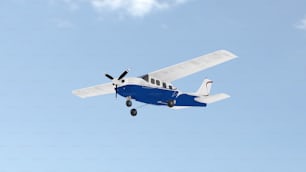 a small blue and white plane flying in the sky