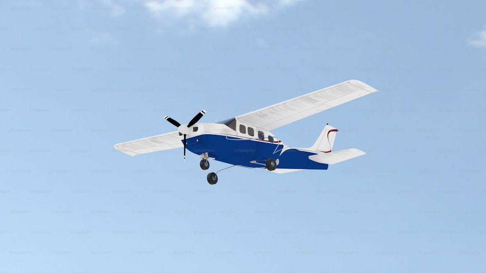 a small blue and white plane flying in the sky