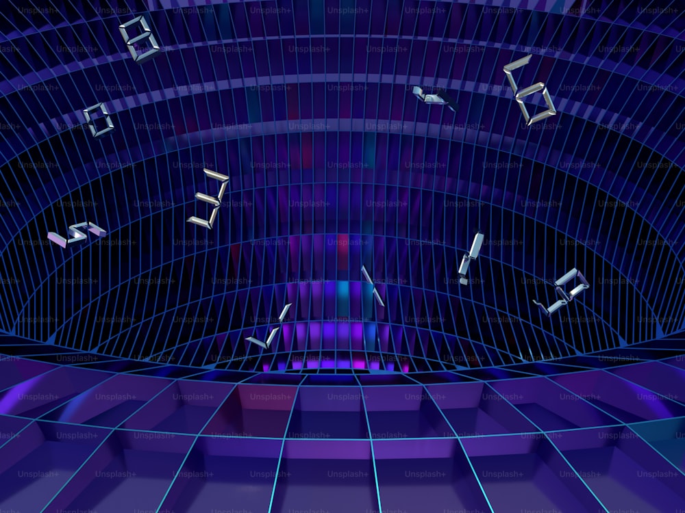Un túnel azul y púrpura con notas musicales que salen de él