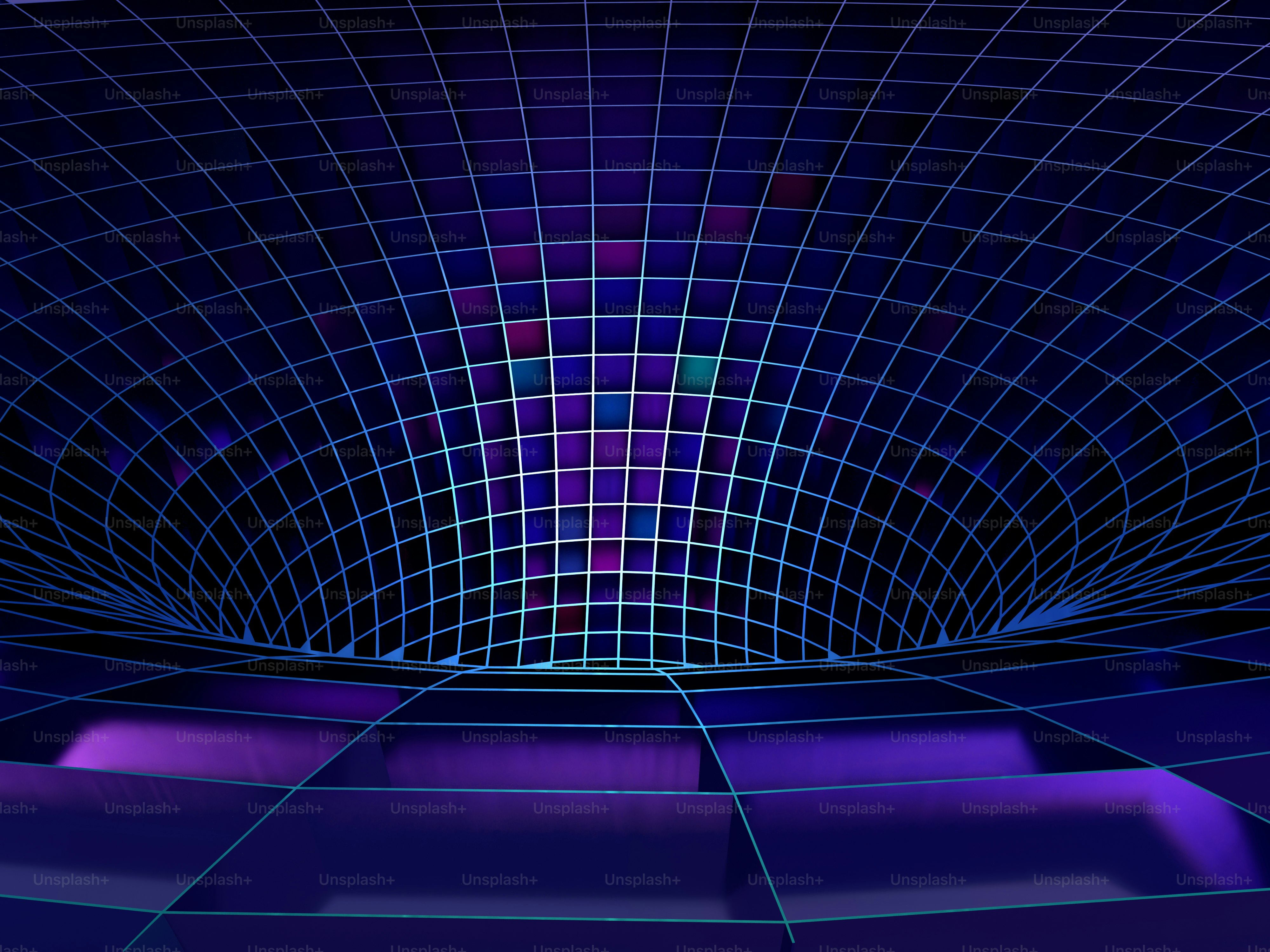 ein abstraktes Bild eines blau-lila gekachelten Raumes