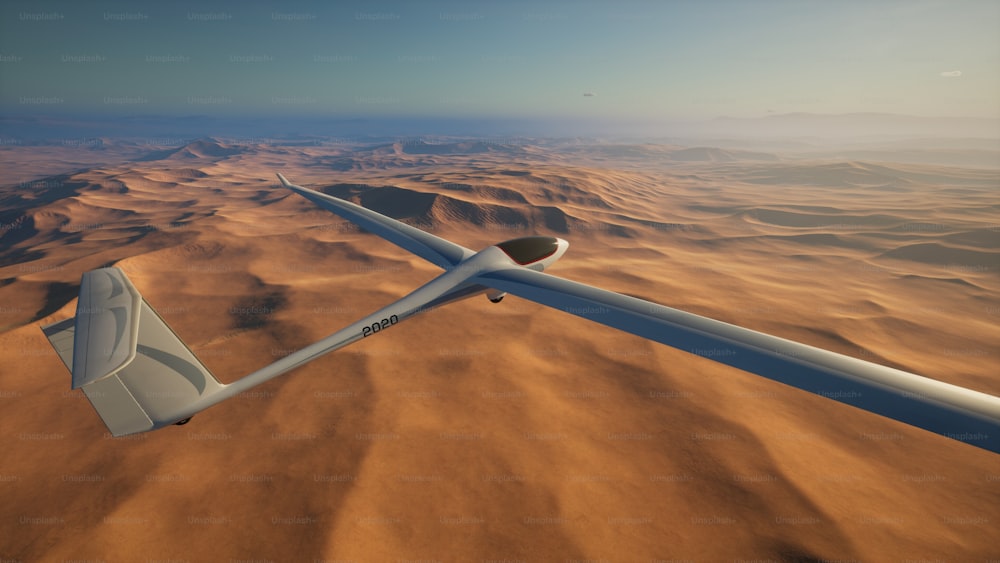 uma imagem gerada por computador de um planador voando sobre um deserto