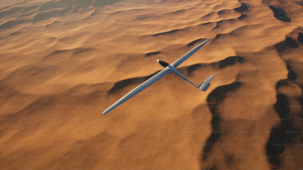 a computer generated image of a plane flying over a desert