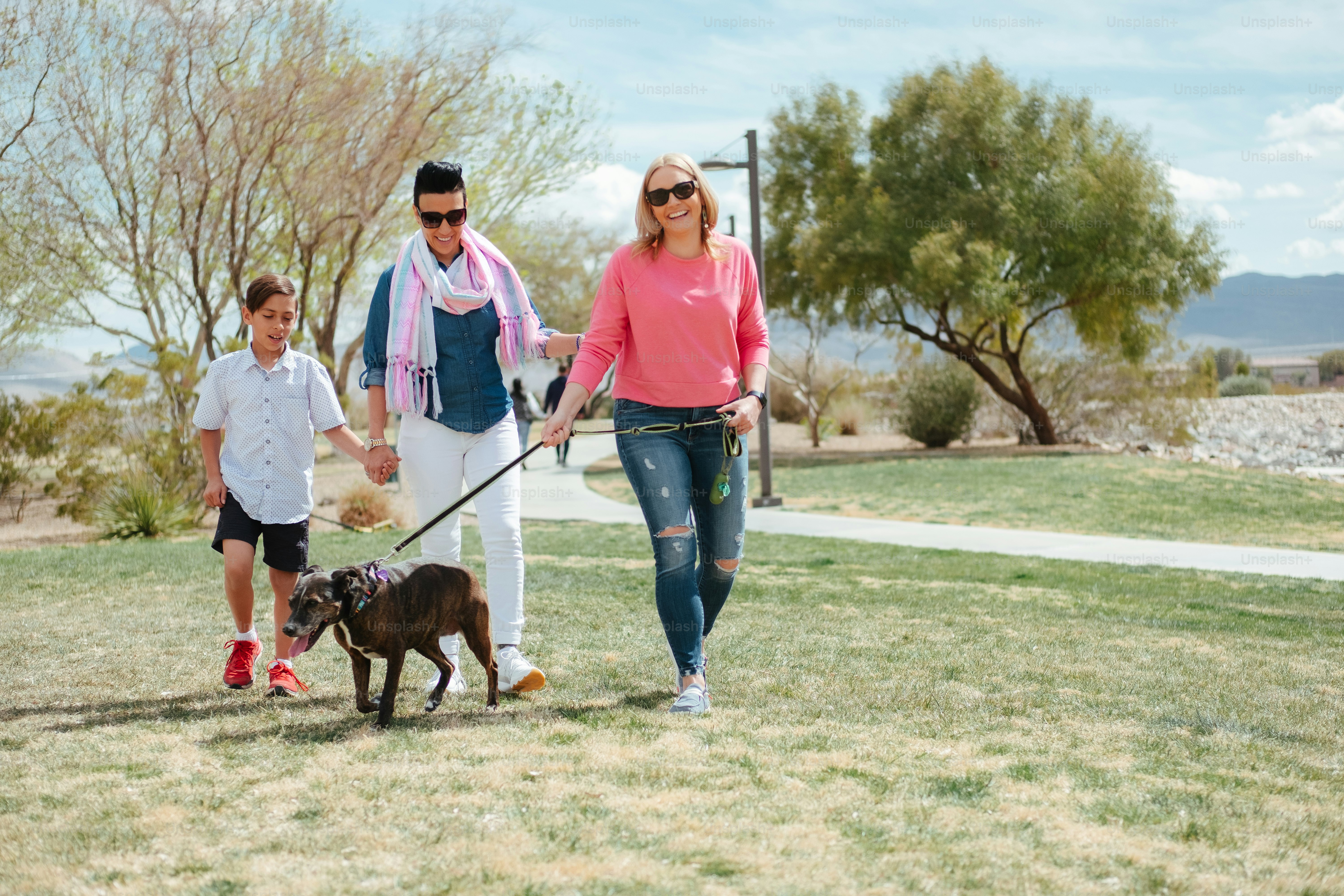 a man and a woman walking a dog on a leash