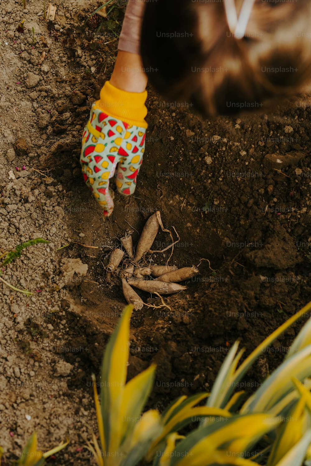 a person digging in the dirt with a pair of gardening gloves