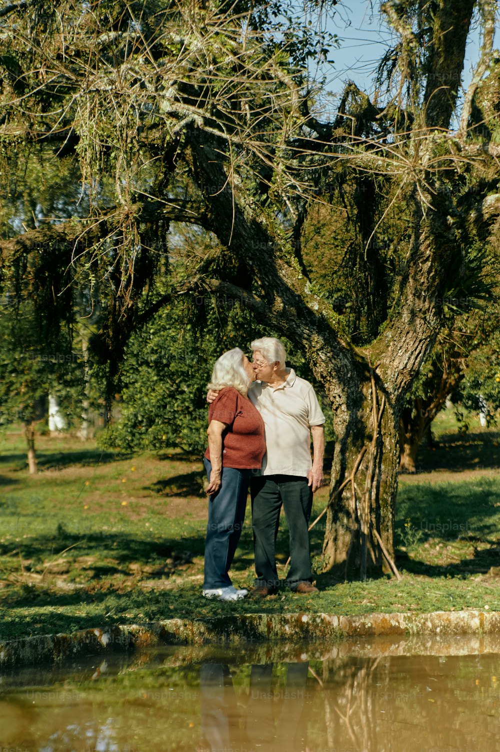 a couple of people standing next to a tree