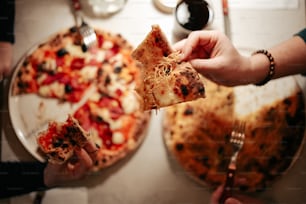 a person holding a piece of pizza in their hand