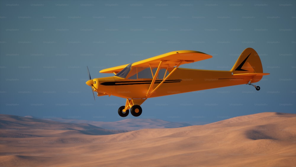 a small yellow airplane flying over a desert