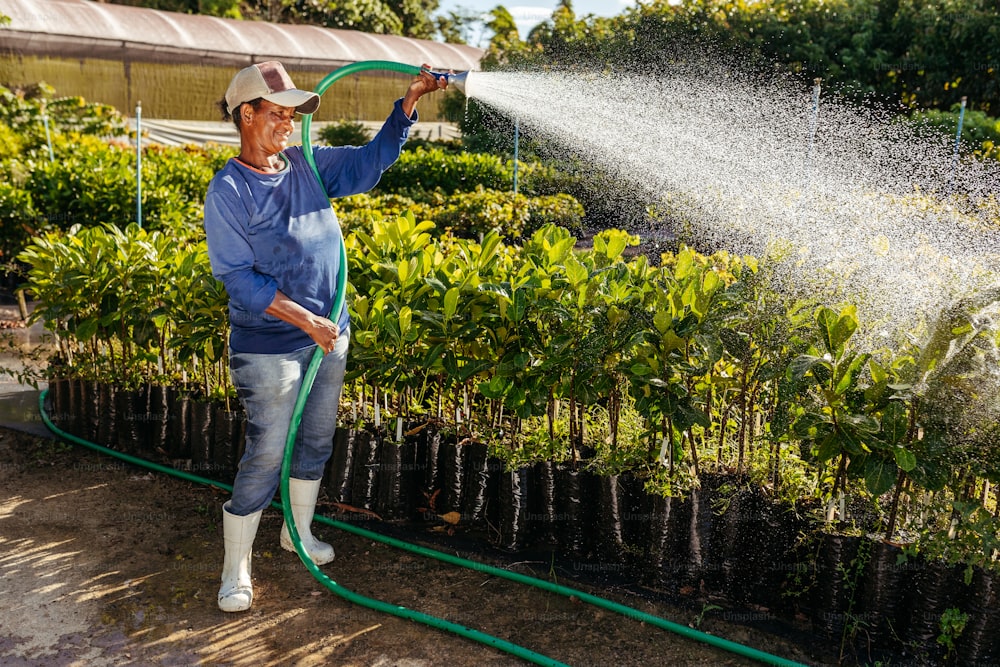 a man is watering plants with a hose