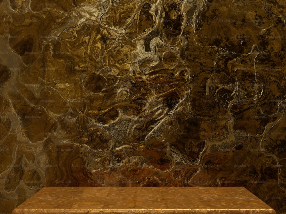 una panca di legno seduta davanti a una parete di marmo