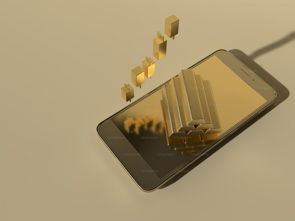 a cell phone with gold bars coming out of it