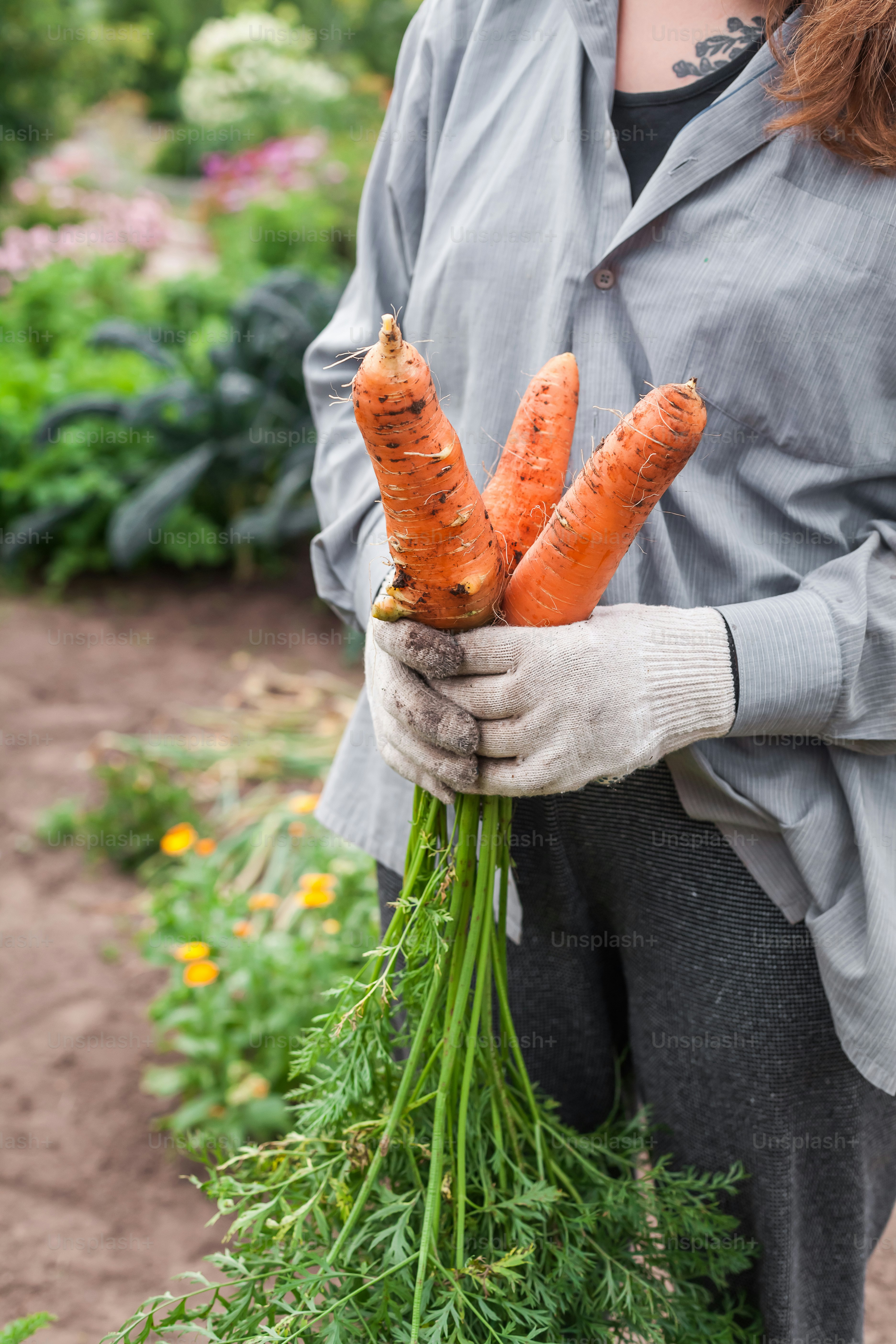 a woman holding a bunch of carrots in her hands