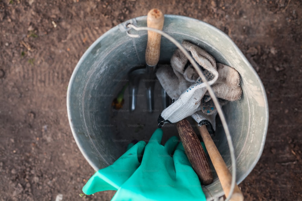 un seau rempli de battes de baseball et de gants