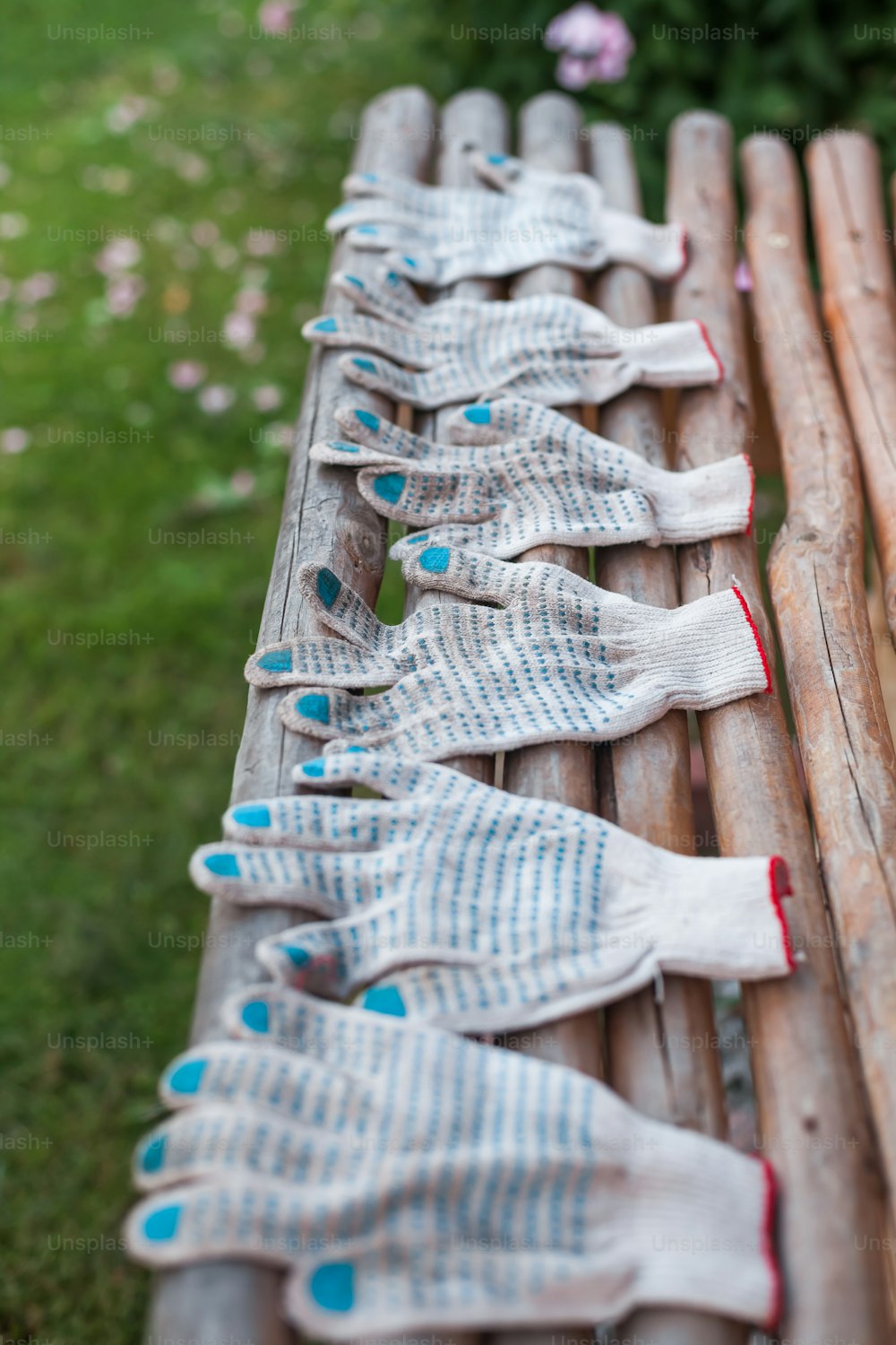several pairs of gloves lined up on a wooden bench