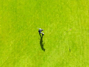 an aerial view of a man playing golf in a green field