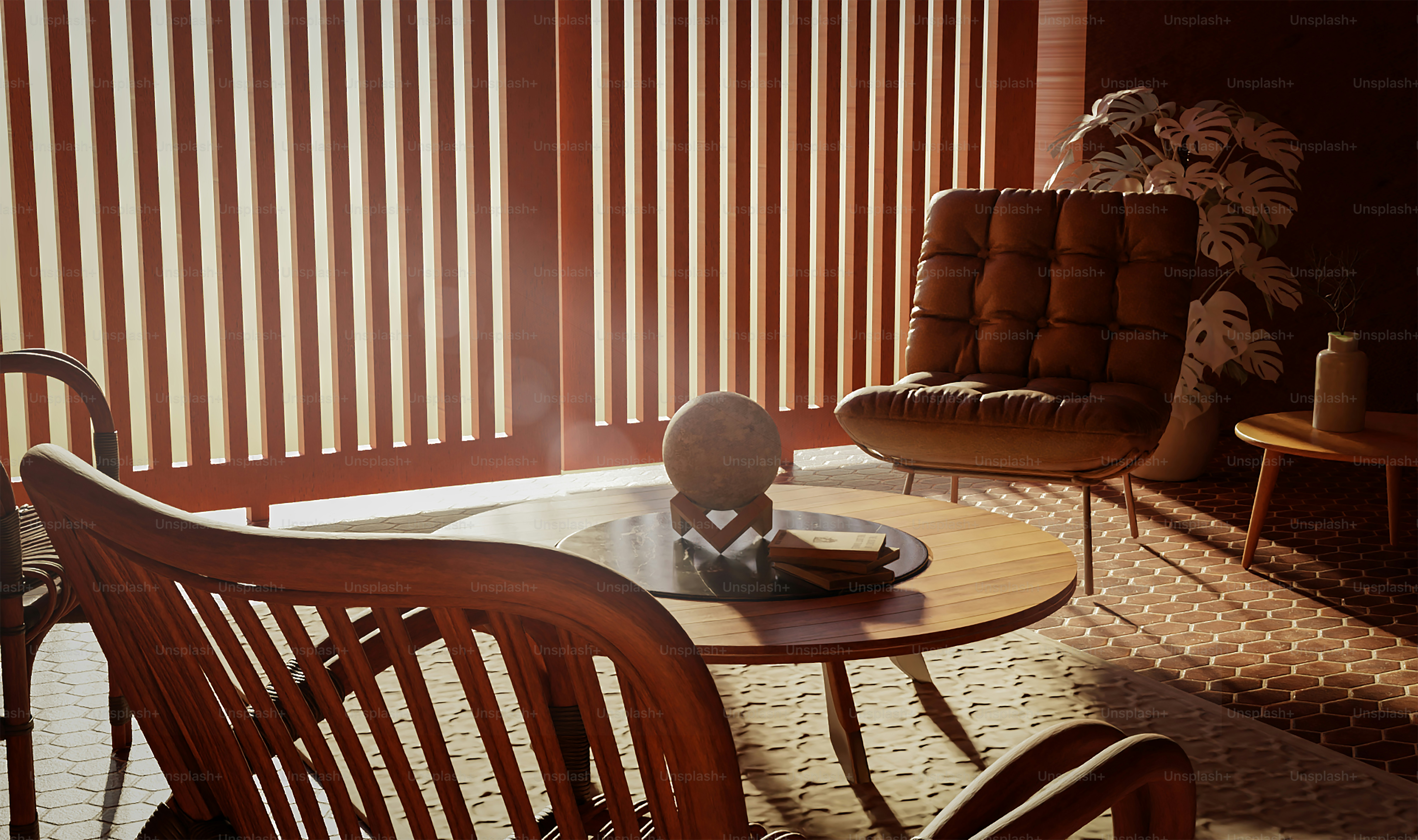 a living room with a chair and a table