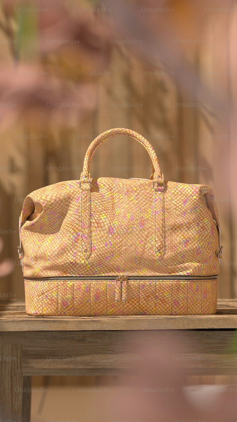 a yellow purse sitting on top of a wooden table