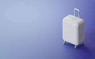 a white suitcase on wheels on a blue background
