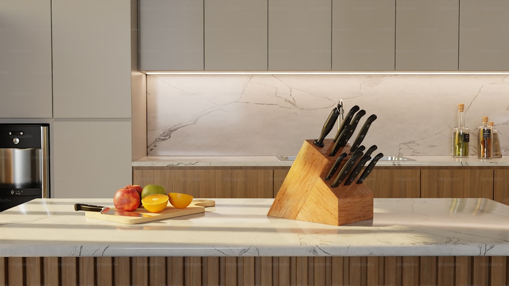 a kitchen counter with a cutting board, knifes and fruit on it