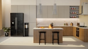 a kitchen with two stools next to a counter