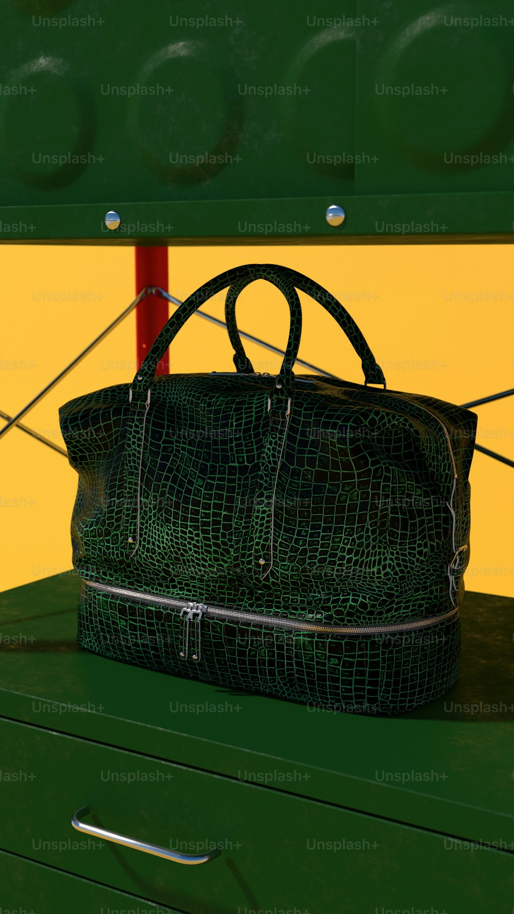 a green purse sitting on top of a green dresser