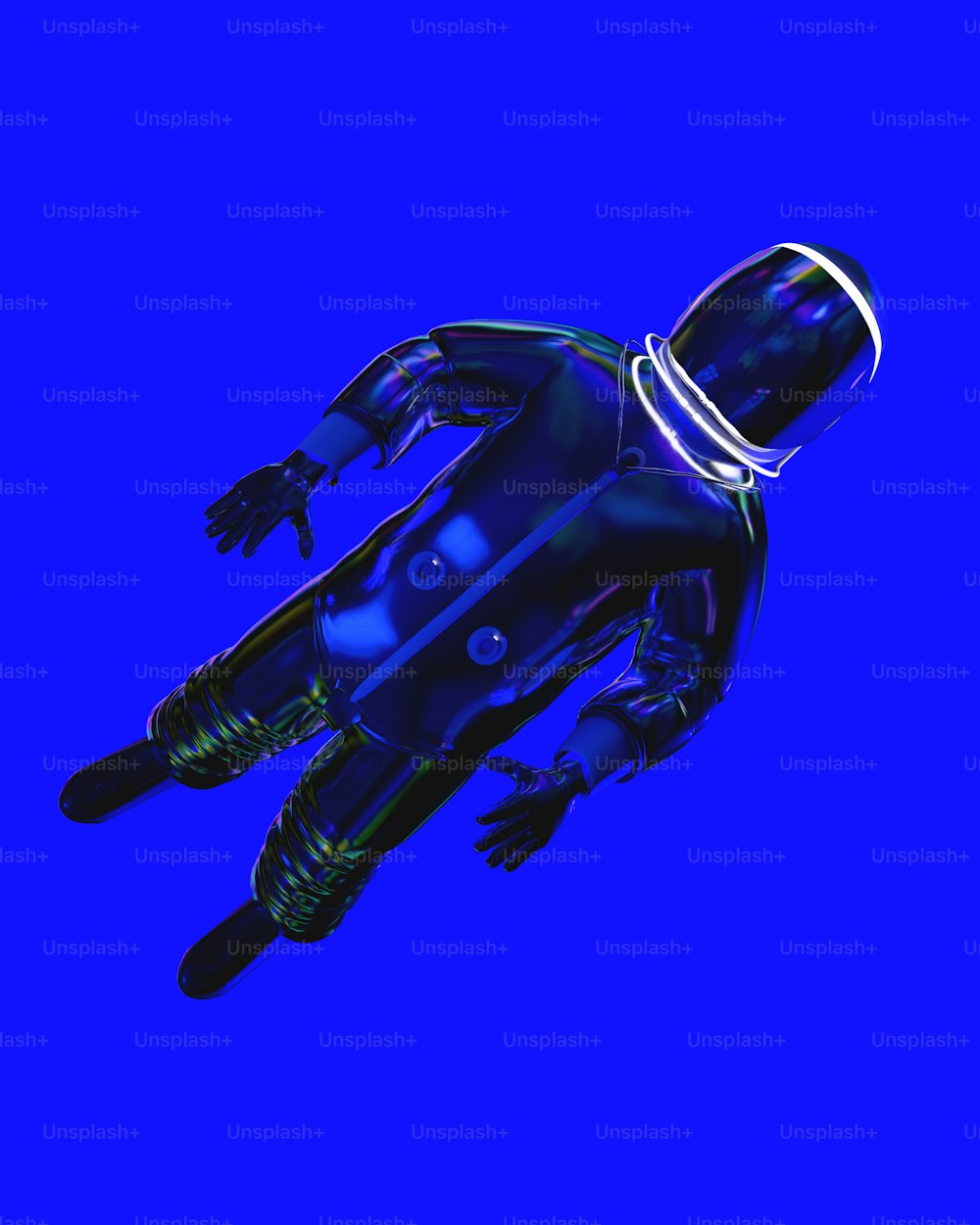 a robot is floating in the air with a blue background