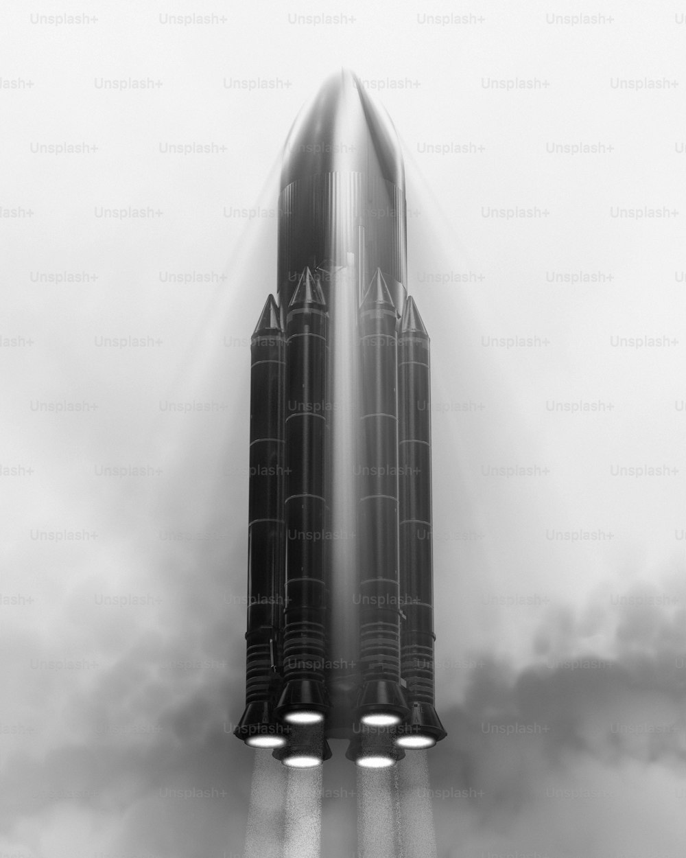 a black and white photo of a rocket
