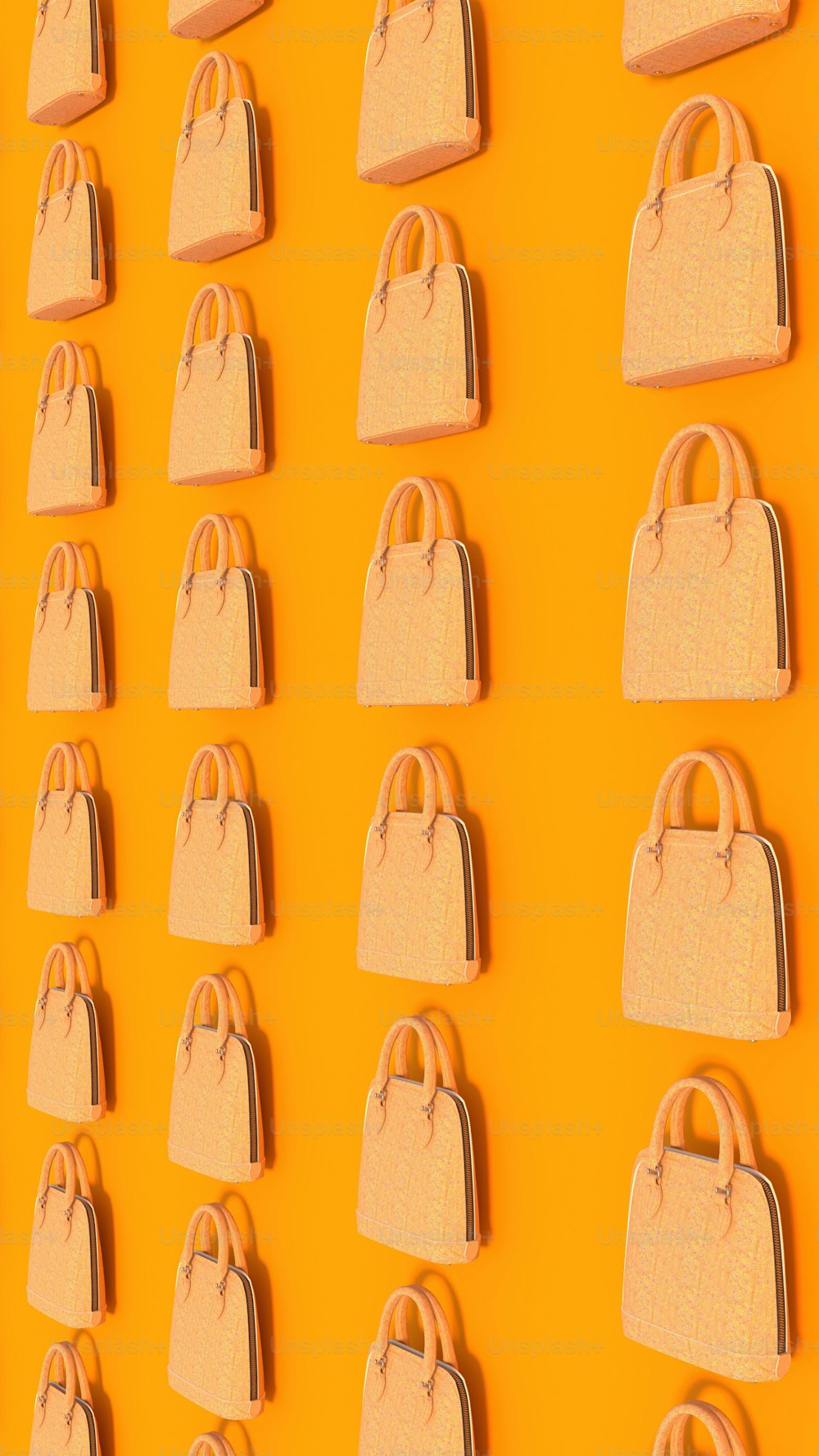 a yellow wall with a bunch of purses on it