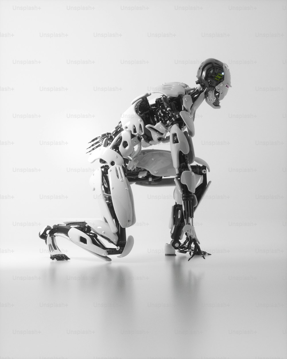 a black and white photo of a robot
