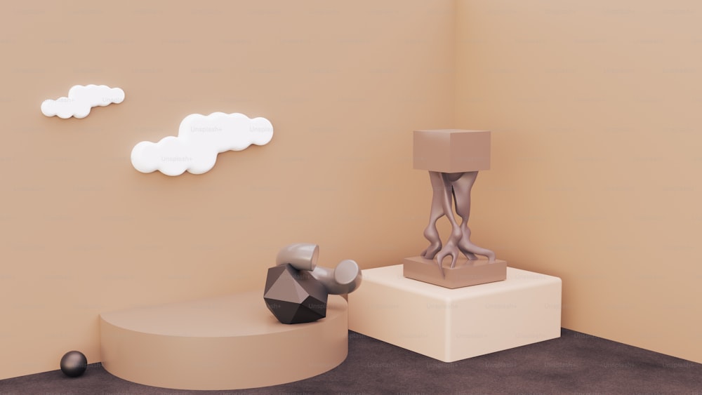 Una escultura de una persona sentada en un taburete en una habitación