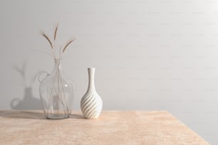 um par de vasos sentados em cima de uma mesa de madeira