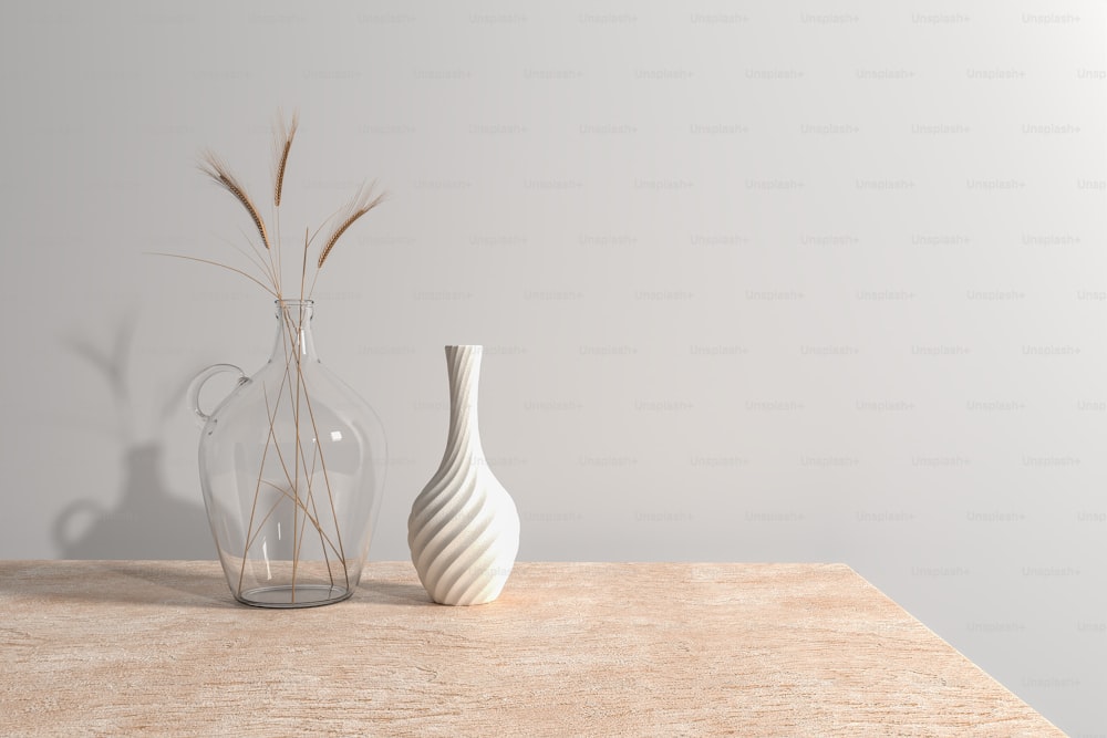 a couple of vases sitting on top of a wooden table