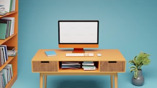 a computer monitor sitting on top of a wooden desk