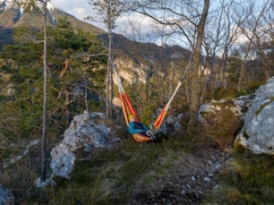 a hammock hanging from a tree in the mountains