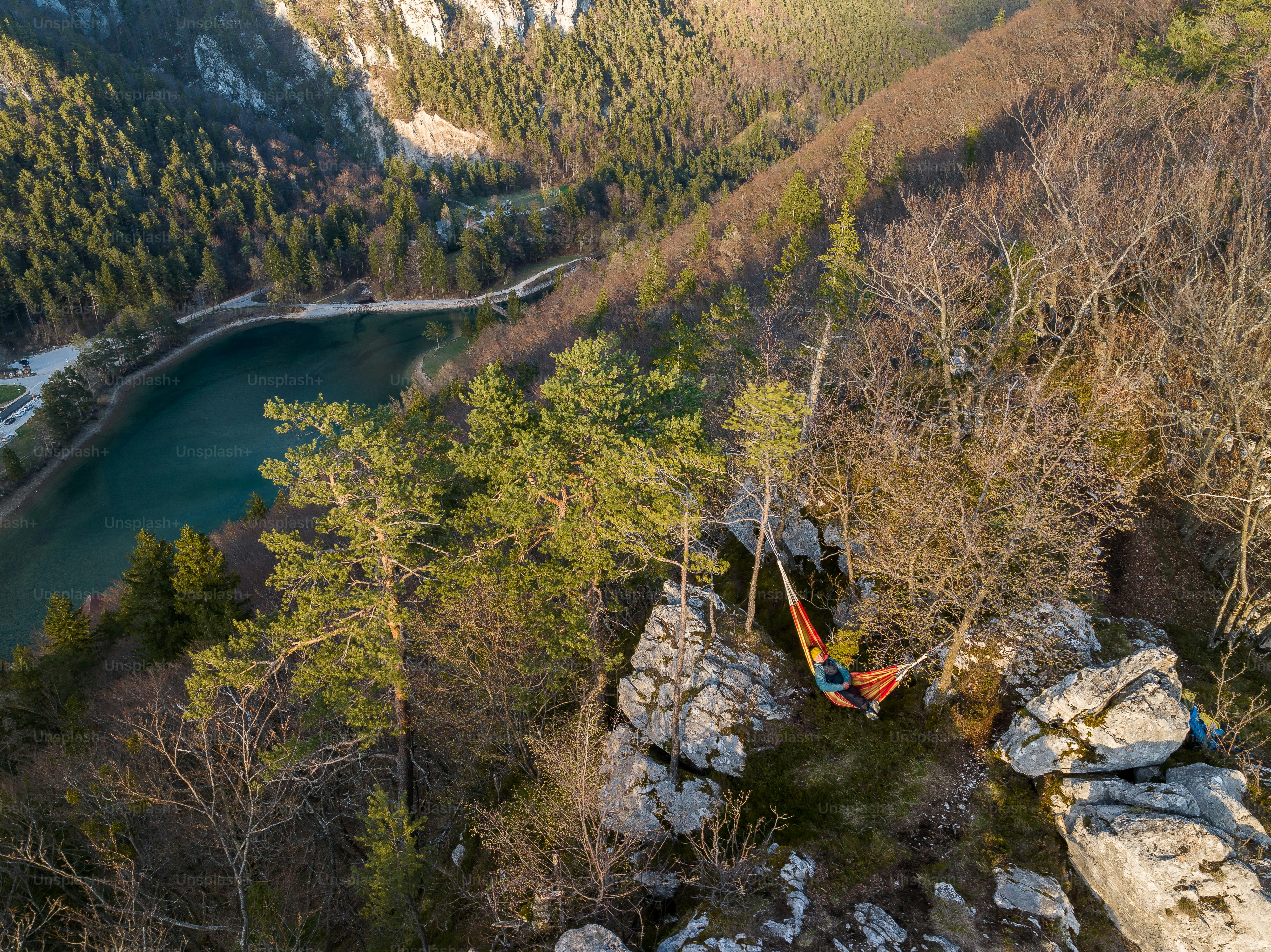 Un hamac suspendu à un arbre sur une falaise