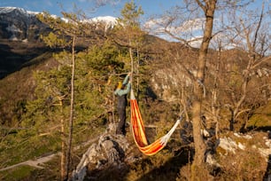 a man in a hammock hanging from a tree