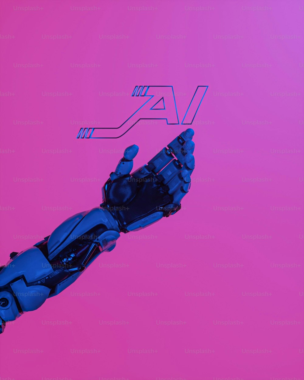 Un robot azul con un fondo rosa