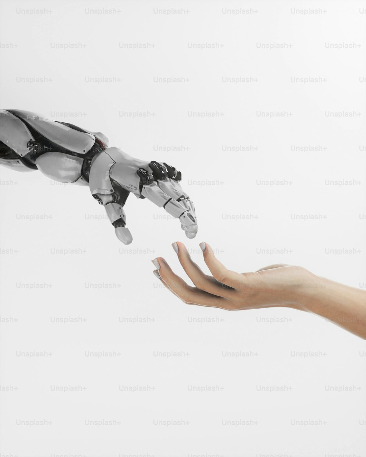 A human hand reaching toward a robot hand against a dark background, representing developer interaction with AI APIs