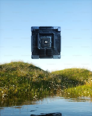 a camera that is floating in the air over a body of water